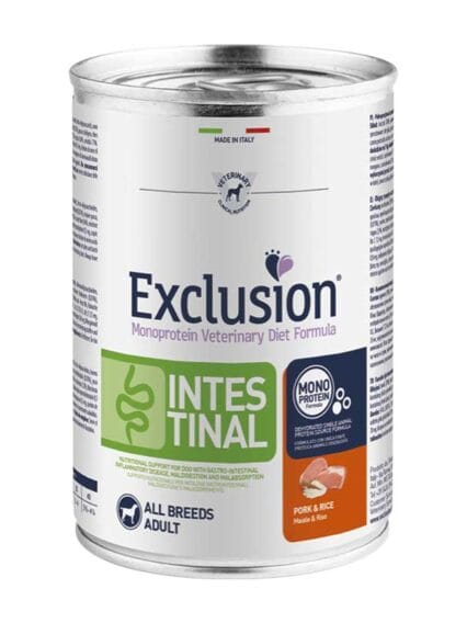 Exclusion dog Diet Intestinal Maiale e Riso All breed barattolo da 400gr
