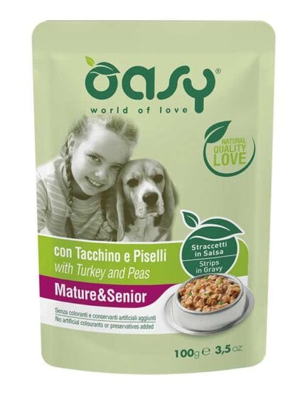Oasy Straccetti in Salsa Mature e Senior con Tacchino e Piselli 100gr;