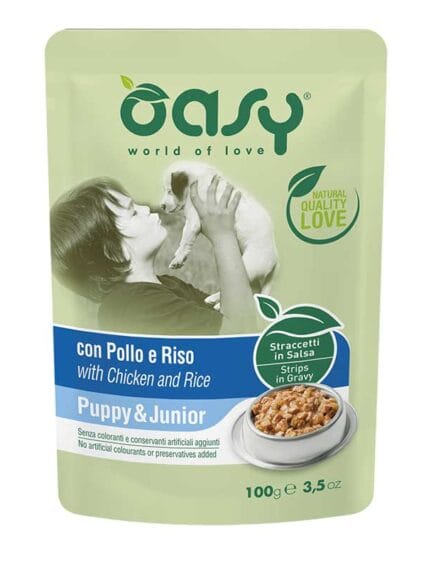 Oasy Straccetti in Salsa Puppy e Junior Pollo e Riso 100gr;