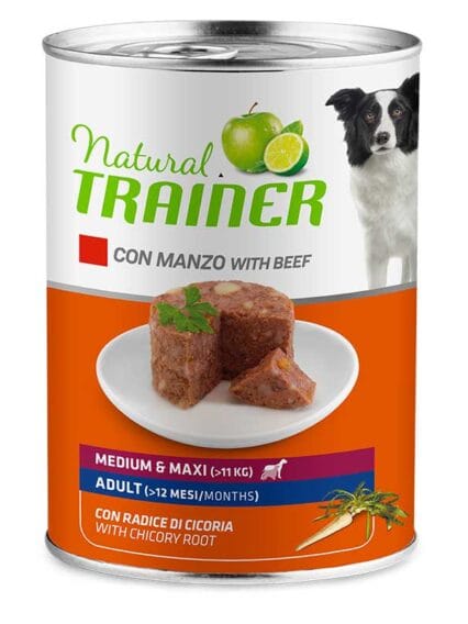 Natural Trainer Adult Medium e Maxy Manzo Scatolette Umido Cane 400gr