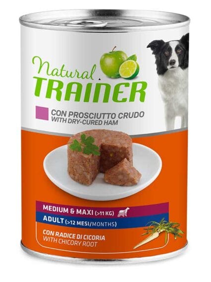 Natural Trainer Adult Medium e Maxy Prosciutto Crudo Scatolette Umido Cane 400gr