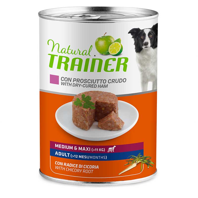 Natural Trainer Adult Medium e Maxy Prosciutto Crudo Scatolette Umido Cane 400gr
