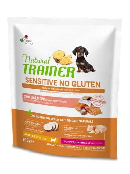Natural Trainer No Gluten Puppy e Junior Mini con Salmone e Cereali Integrali da 800gr