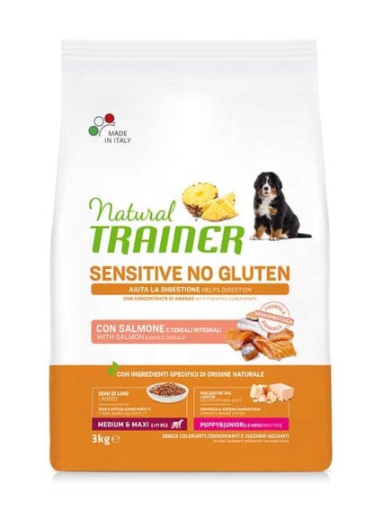 Natural Trainer Puppy e Junior Med e Maxy con Salmone e Cereali Integrali da 3kg