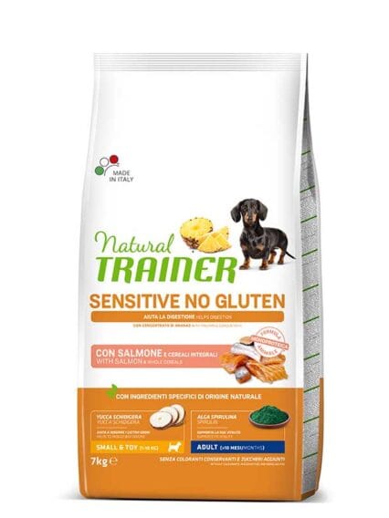 Natural Trainer No Gluten Adult Small e Toy con Salmone e Cereali Integrali da 7kg