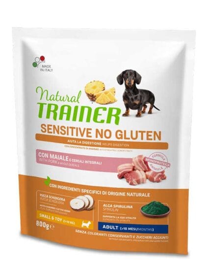 Natural Trainer No Gluten Adult Small e Toy con Maiale e Cereali Integrali da 800gr