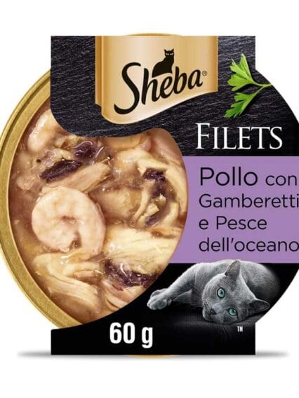Sheba Filets 16 x 60gr  Cibo Umido per gatti con Pollo e Gamberetti BOX da 16 vaschette da 60g ognuna